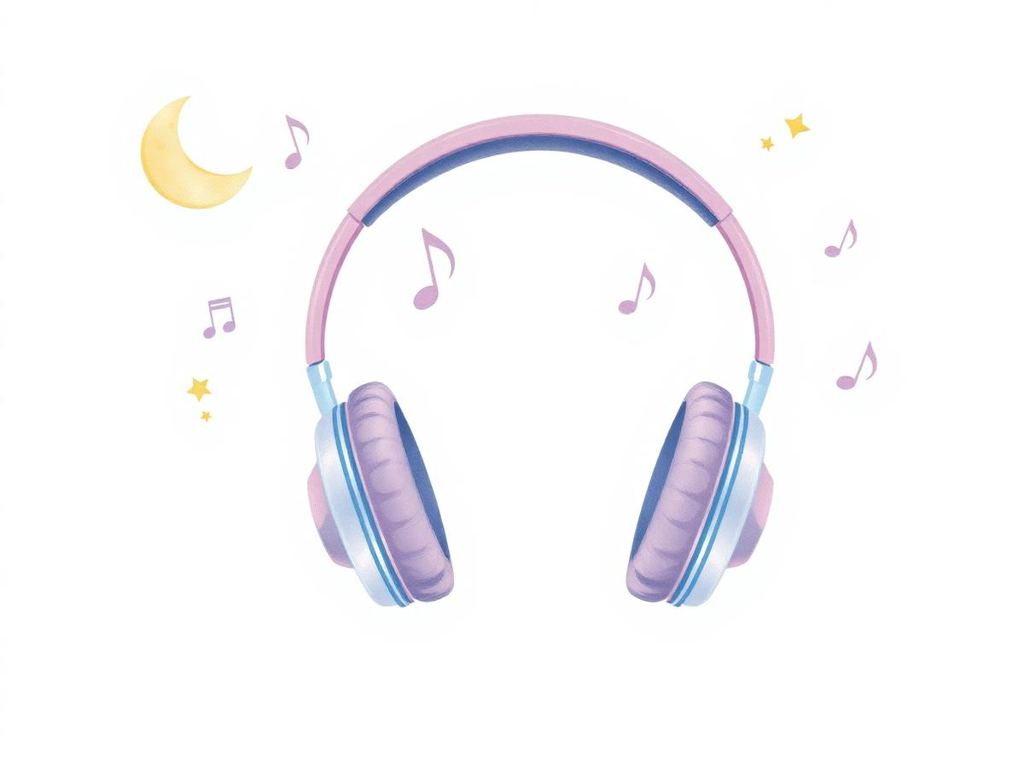 Illustration d'un casque audio entouré de notes de musique et d'étoiles