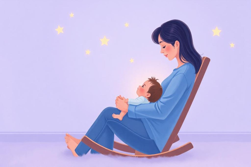 Parent berçant doucement son bébé dans une chambre étoilée
