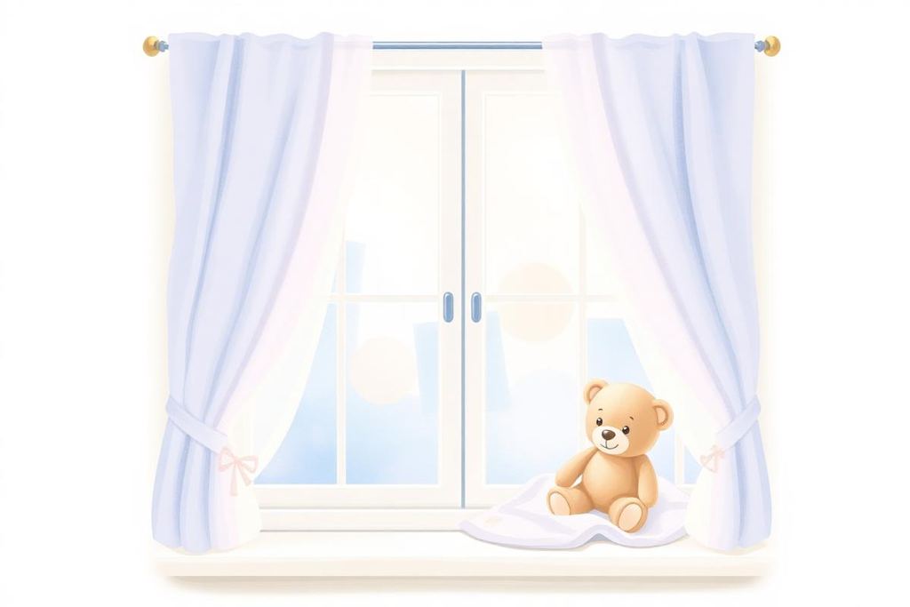 Fenêtre de chambre d'enfant avec rideaux clairs et ourson